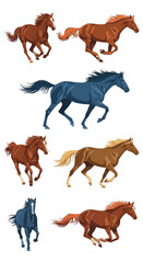 Fototapeta premium Set of Running Horses: Brown, Blue, Chestnut, Bay, Chestnut with Golden Mane