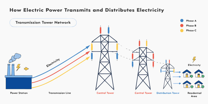 Educational graphic explaining electrical power transmission and distribution network with electricity transmission distribution residential electrical infrastructure engineering technical