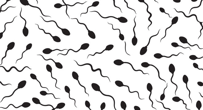 Black silhouette sperm cell icons swimming across gray checkered background representing male fertility health reproduction and science.