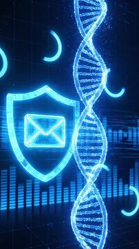 A glowing blue digital double helix structure floats above a data background representing genetic research and secure information technology