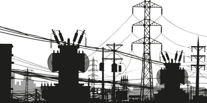 Urban power distribution silhouette with electrical towers and transformers electricity transformer infrastructure electric transmission silhouette engineering distribution technology