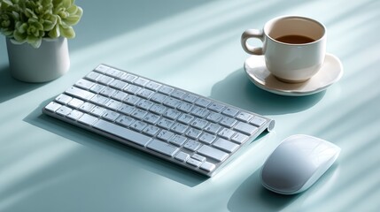 Fototapeta premium Minimalist workspace with white keyboard, computer mouse, coffee cup, and decorative plant on a soft blue tabletop, illuminated by natural sunlight