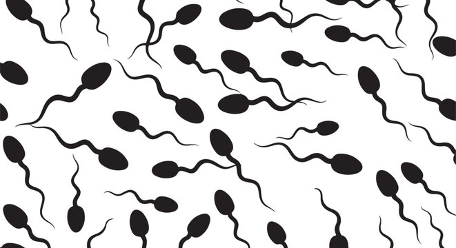 Sperm cell pattern of many swimming black spermatozoon icons moving in different directions for reproductive health medical illustration.