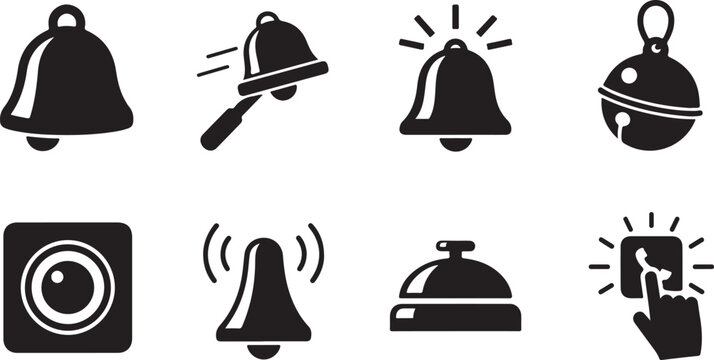 Notification bell icon set featuring different alert sounds ringing symbols service desk bells and call buttons for website interface.