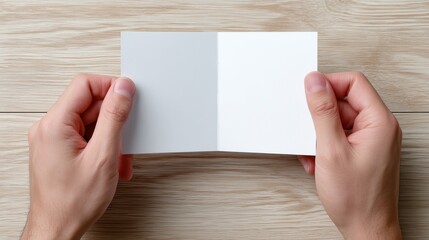 Obraz premium Hands holding a blank white folded card on a wooden table background.