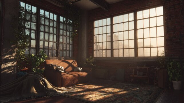 Sunlight streams through large factory style windows illuminating an urban loft interior with comfortable seating