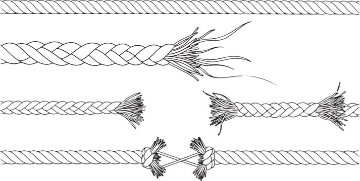 illustrated rope in different states of damage and intactness showing strands and knots on transparent background.