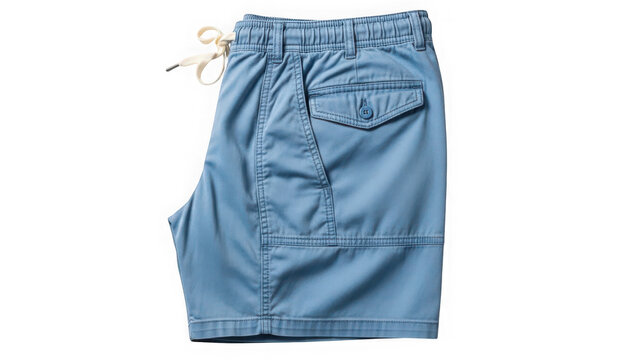 A pair of light blue denim shorts with a drawstring waist on transparent background