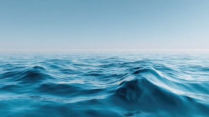 Fototapeta premium Serene Blue Ocean Waves Under Clear Sky on Calm Day, Beautiful Seascape with Tranquil Water Texture and Gentle Movement for Relaxation and Nature Projects