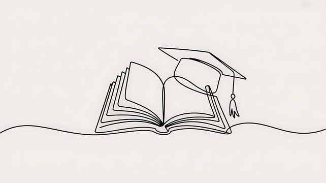 Minimalist Graduation Cap and Open Book Line Art: A Vector Illustration Celebrating Student Achievement, Education, and Lifelong Learning