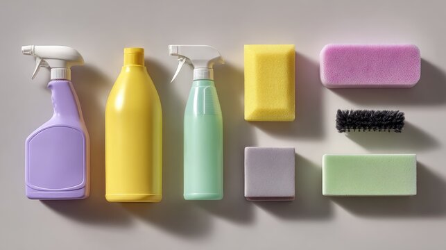 Colorful Cleaning Supplies Arranged Neatly on a Light Grey Surface with Various Bottles and Sponges for Effective Home Cleaning Solutions