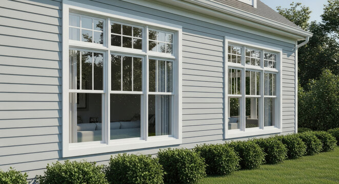 Exterior view of a gray house showcasing double hung windows and daylight revealing interior living space with sofa adding architectural detail and curb appeal