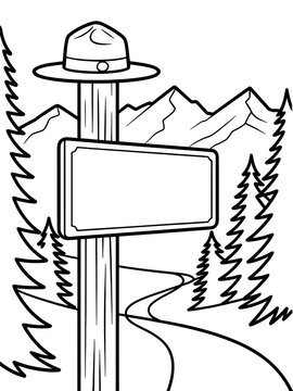 Black and White Illustration Coloring Page: Wilderness Nature Scene with Ranger Hat, Hiking Trail and Mountains &ndash; Perfect for Relaxation and Artistic Inspiration