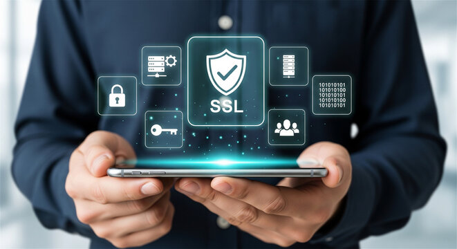 SSL certificate security concept, businessman holding tablet with digital encryption icons, secure web connection and data protection technology