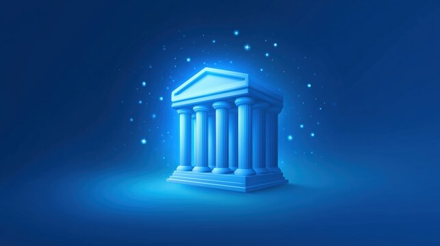 Glowing blue classical greek temple icon with columns and sparkly stars on a dark blue background.