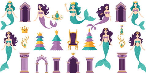 Royal Mermaid Fantasy Icon Set with Sea Princess Crown Throne Columns and Decorative Palace Elements Cartoon Illustration Collection © MdAlom