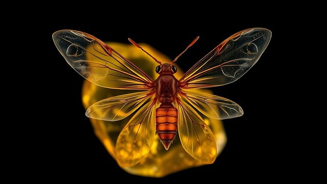 pragmatism. A prehistoric insect preserved in clear amber with wings spread, displayed on dark background. wildlife magazines, conservation campaigns, designed for eco-tourism storytelling.