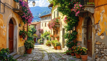 Obraz premium A serene Italian cobblestone alleyway lined with vibrant flowers and lush greenery