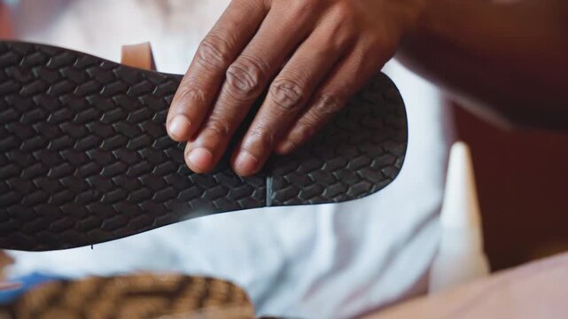 Hands assembling leather sandal sole with adhesive, closeup workshop scene showing tool marks, careful alignment, bottle applicator, textured outsole and methodical artisan technique