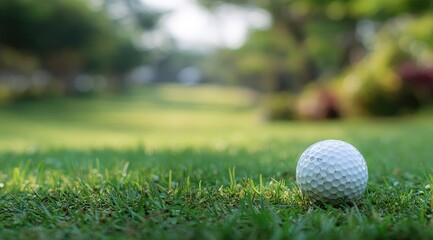 Obraz premium Golf ball resting on grass with out-of-focus background trees and sunlight