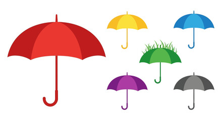 Obraz premium Collection of colorful umbrellas, including red, yellow, blue, green with grass, purple, and gray, isolated on white background.