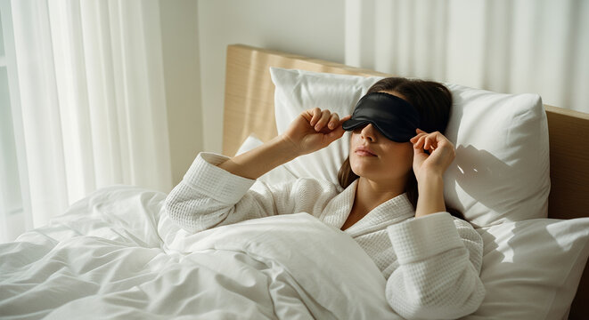 Young woman relaxing with eye mask and cozy robe in a bright bedroom