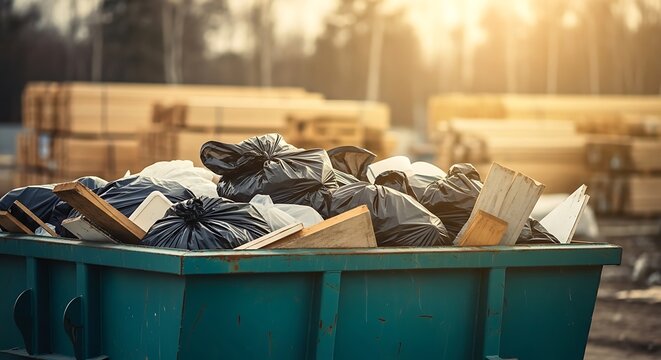 Overfilled green dumpster with black trash bags and construction debris in an outdoor setting