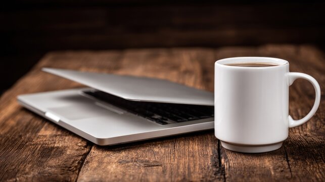 White ceramic mug filled with dark beverage sits beside partially opened portable computer on rough wooden surface.