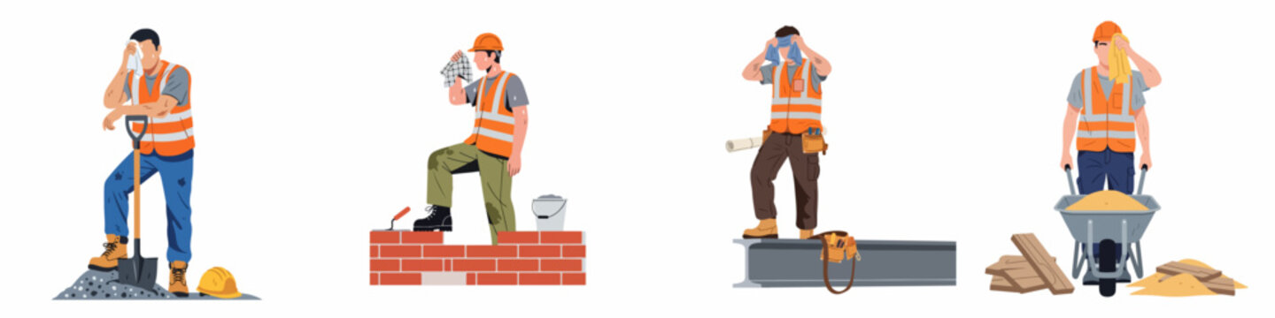 Set of exhausted construction workers suffering from heat stress, wiping sweat while working in hot conditions with safety gear and tools.