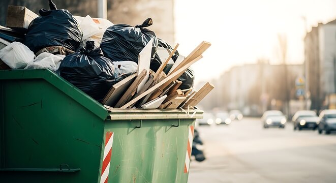 Overflowing dumpster on a city street, full of trash and construction debris