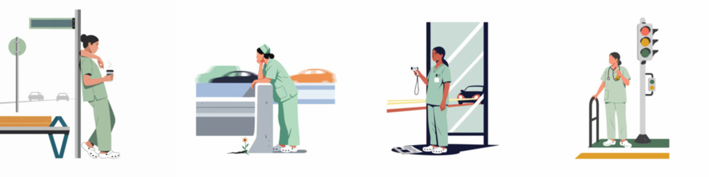 Illustration of tired female healthcare workers in scrubs in various urban settings, reflecting on the challenges and fatigue of the medical profession.