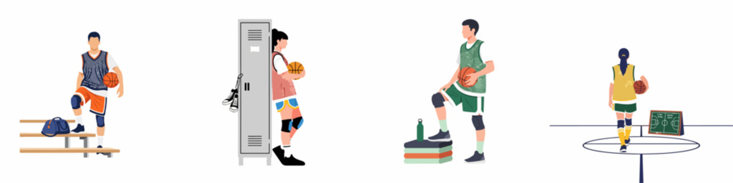 Set of flat illustrations featuring diverse male and female basketball players in various settings like the court, locker room, and training area.