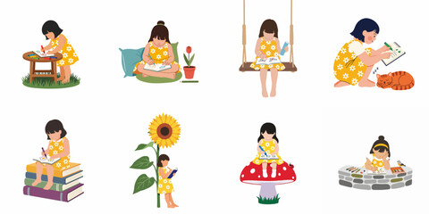 Fototapeta premium Collection of flat vector illustrations of a creative young girl drawing and reading in various imaginative and nature-inspired settings.