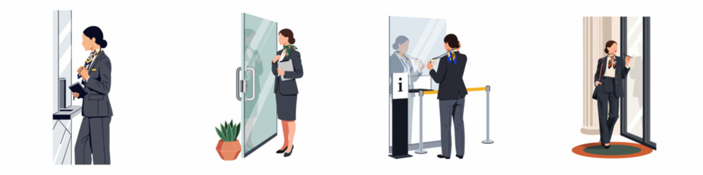 Flat vector illustrations of professional women in business suits working in various corporate environments like reception areas and information desks.