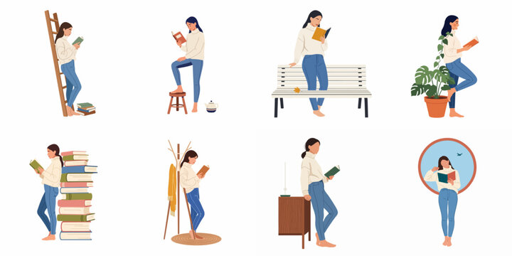 Collection of illustrations featuring a young woman reading books in various cozy indoor and outdoor settings, representing a love for literature and learning.