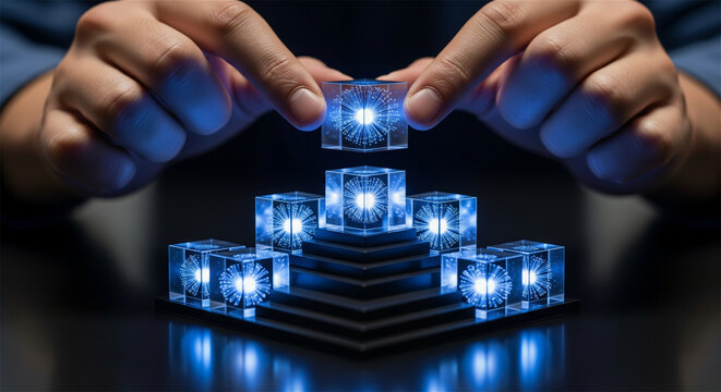 Futuristic glowing digital cubes stacked in pyramid, hands building data structure with blue light, artificial intelligence and blockchain concept