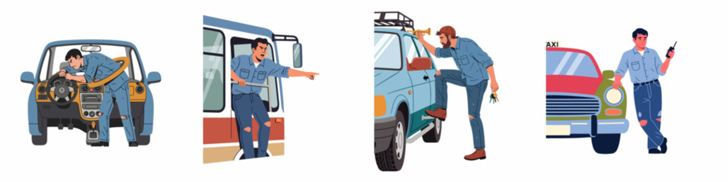 Set of flat illustrations featuring men in various transportation scenarios including road rage, getting stuck, and working as a taxi driver.