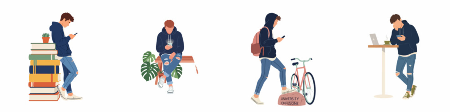 Flat vector illustration set of a young male student constantly distracted by his smartphone during various daily activities, like studying and commuting.