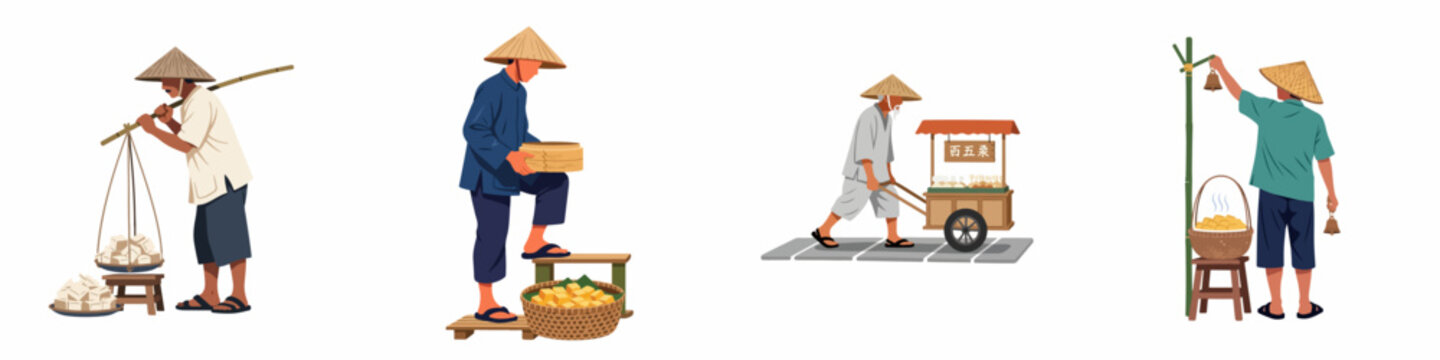 Traditional Chinese tofu street vendors collection featuring men in straw hats selling bean curd with various tools like carts and baskets on white background.
