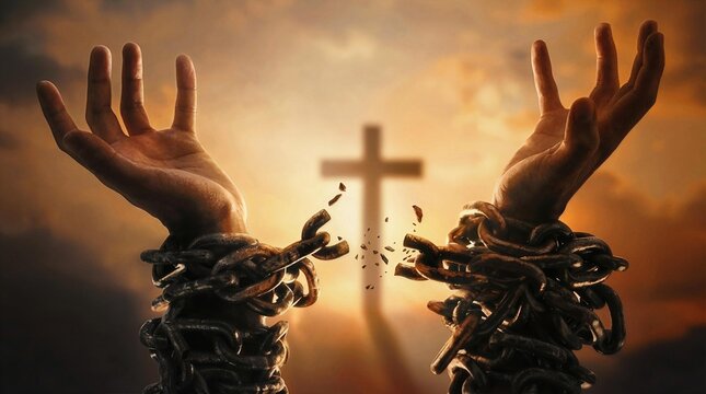 Dramatic digital art of hands with broken iron chains being raised toward a glowing cross in a powerful sunrise sky
