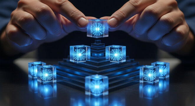 Futuristic blockchain technology concept, glowing digital data cubes on glass pyramid structure, hands building decentralized network infrastructure