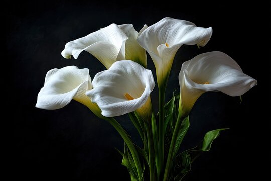 Graceful Calla lilies with smooth, white petals and yellow spadices against a dark backdrop