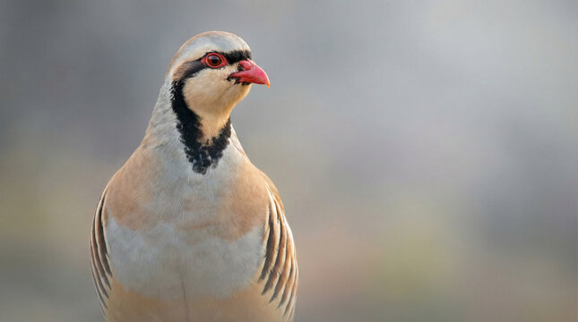 Close up portrait of chukar partridge with striking red beak and eye ring, showcasing detailed feathers, wildlife beauty and natural bird photography against soft neutral background