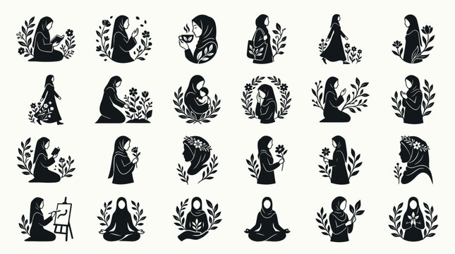 Elegant Muslim woman lifestyle silhouette icons with floral elements.