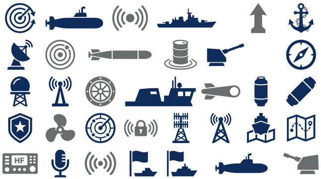 Military naval warfare and maritime security equipment icon set.