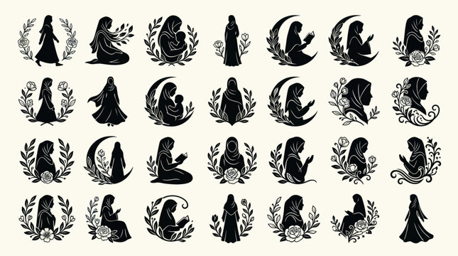 Muslim woman in hijab silhouette icons with floral accents.