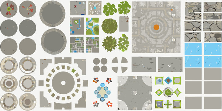 Assorted game tileset including ground trees and decorative elements