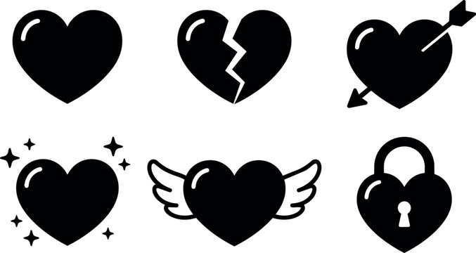 Black heart icons with broken arrow wings lock and sparkles vector art