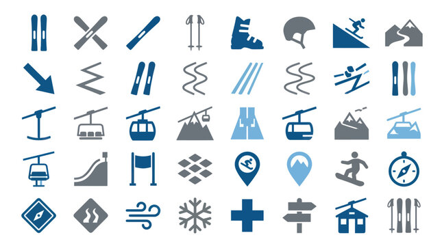 Winter sports and mountain skiing activity icons collection flat