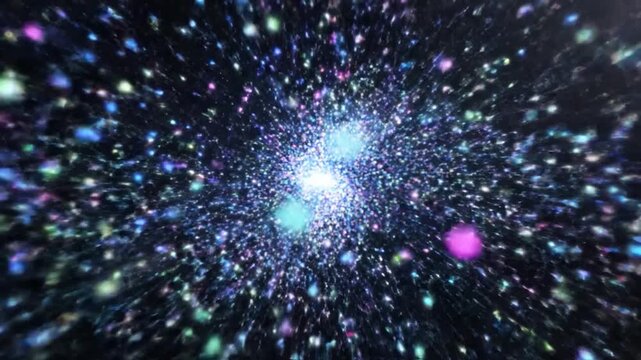A vibrant explosion of colorful light particles expands through the dark void of deep space
